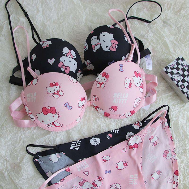 Hello Kitty High Quality Front Open 4 In 1 Push-up Print Adjustable Straps Bra Panty Set