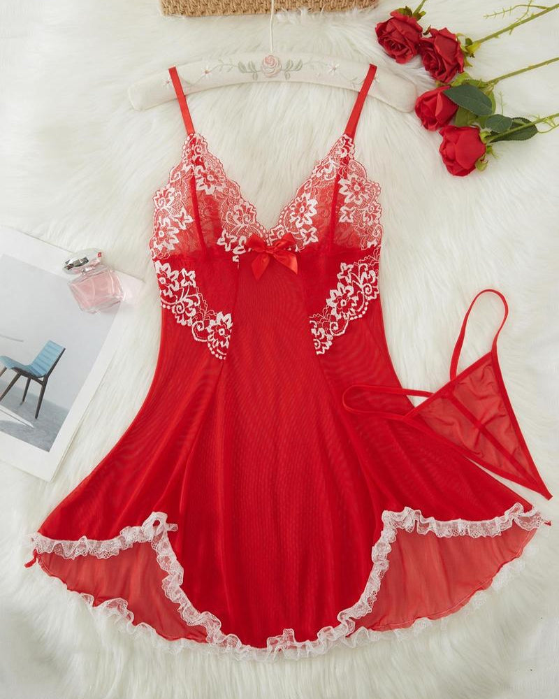 Sxy Deep V Contrast Lace Mesh Bow Decoration Suspender Nightdress (With Thong)