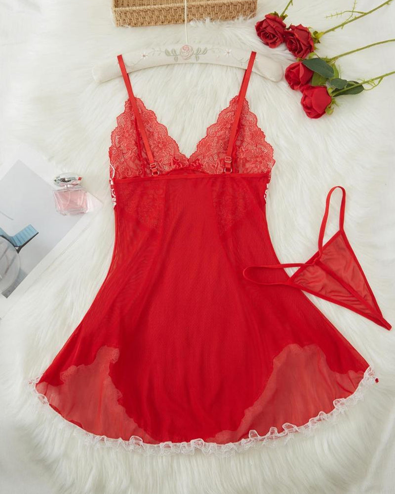 Sxy Deep V Contrast Lace Mesh Bow Decoration Suspender Nightdress (With Thong)