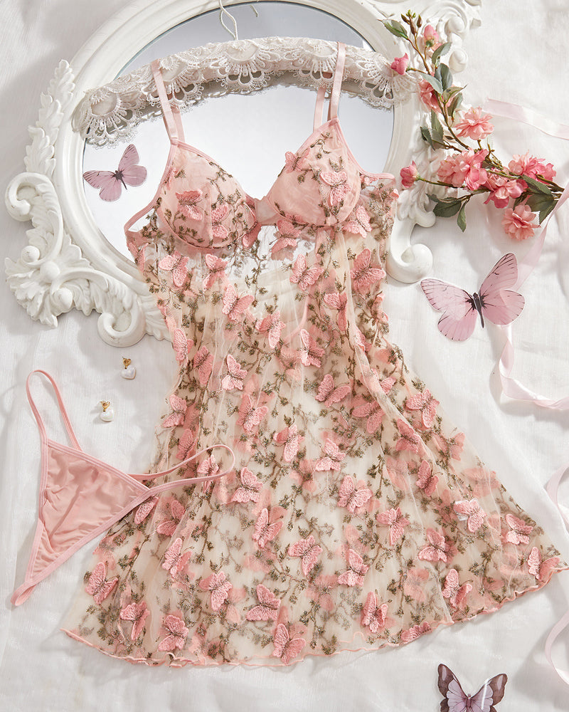 Women's Sxy Butterfly Embroidery Mesh Suspender Nightdress and Thong Set