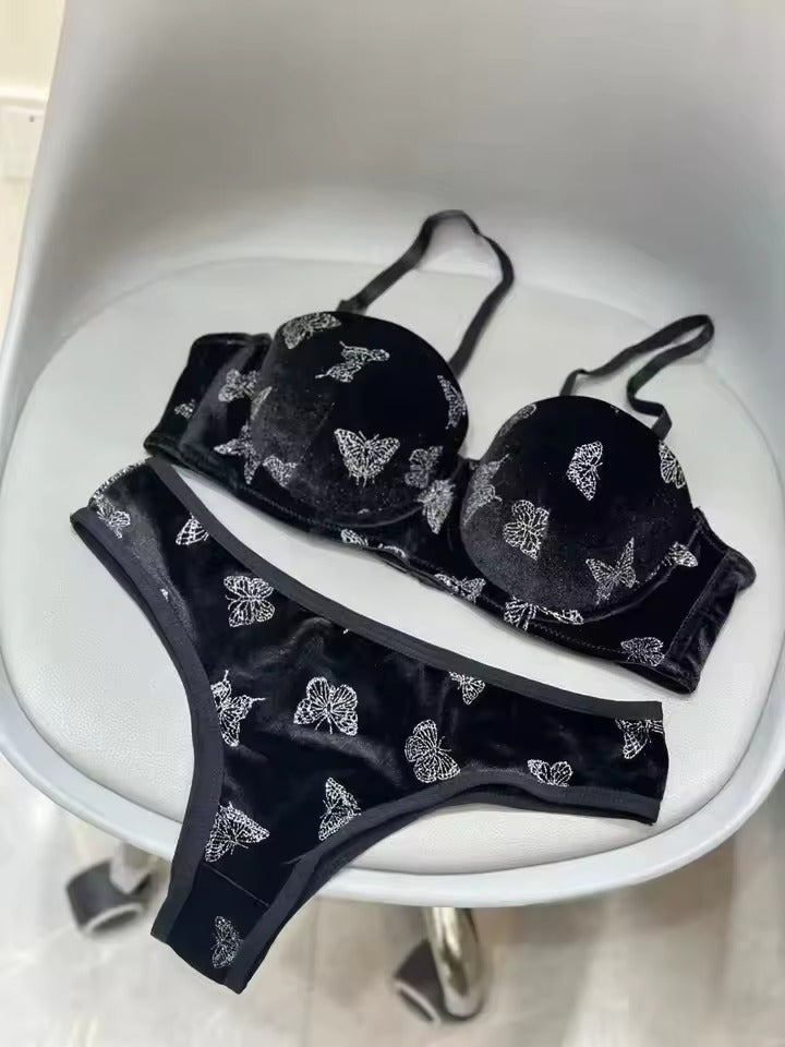 Flourish Velvet Butterfly Print Bra & Panty Set – Soft Padded, Wired, Premium Lingerie for Girls & Women 8092